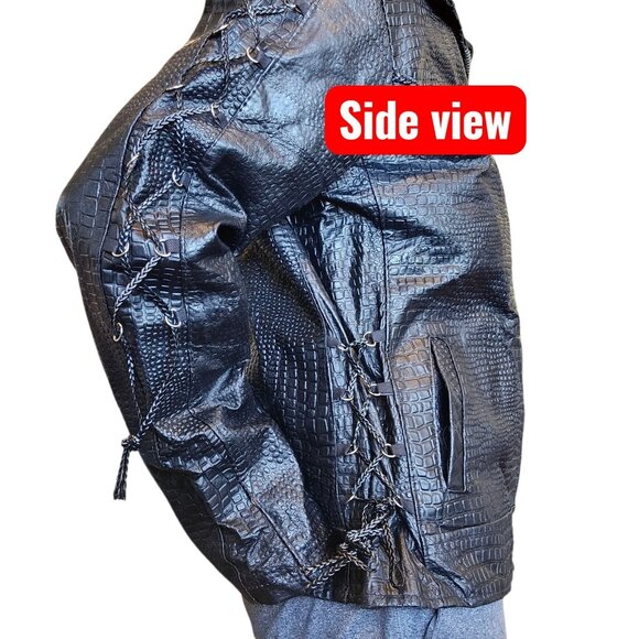 Y2K Black Leather Laceup Jacket Black Embroidered Roses On Back Sz L Biker Goth - Picture 10 of 12